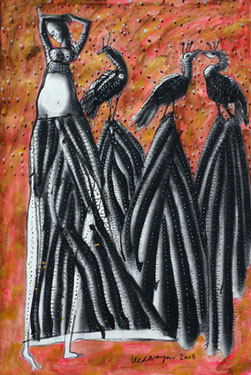 Title: 'Naika & The Tree Trunk - 2', Medium: 'Work on Canvas, Acrylic, Silver and Gold Foil', Size: '61 x 46 cm', Year: '2005'