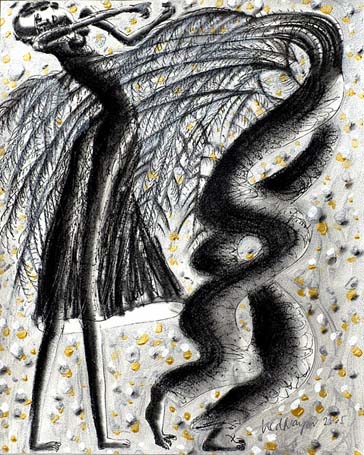 Medium: 'Work on Paper, Chinese ink, Counte, Gold & Silver Foil', Size:'61 x 46 cm'