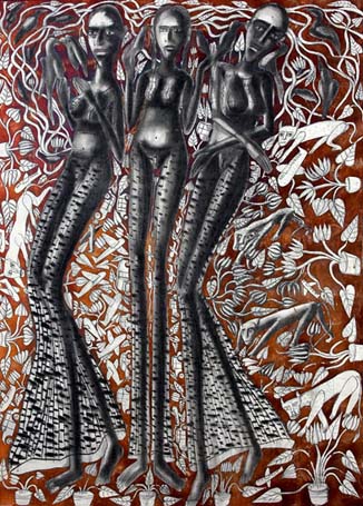 Medium: 'Chinese Ink, Acrylic on Canvas & Silver Foil', Size:'122 x 52 cm'