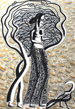 Medium: 'Chinese Ink, Acrylic on Canvas, Gold & Silver Foil', Size:'183 x 122 cm'