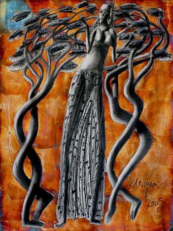 Medium: 'Chinese Ink, Acrylic on Paper, Counte, Gold & Silver Foil', Size:'46 x 31 cm'