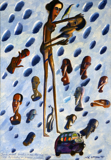 Title: 'Immortal busts wondering in the Space', Medium: 'Gouache on Paper', Size: '37 x 27 cm', Year: '1998'
