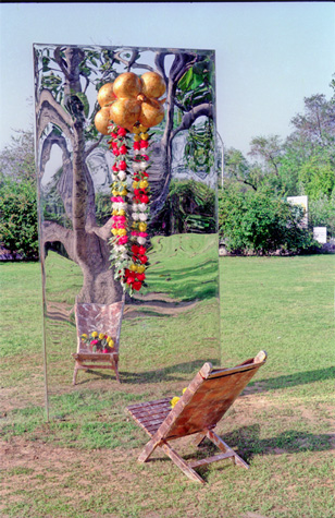 Medium: 'Looking Glass, Terracotta, Gold Leaf, Plastic Flowers' , Size: '240 x 120 x 10 cm', 'Installation'