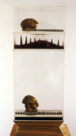 Medium: 'Plastic Boxes, Colour Pigment, Ceramic Heads & Props, Steel Balls, Wooden Stand', Size: '90 x 45 x 20 cm', 'Installation'