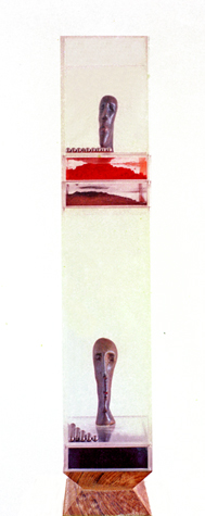 Medium: 'Plastic Boxes, Colour Pigment, Ceramic Heads & Props, Steel Balls, Wooden Stand', Size: '90 x 45 x 20 cm', 'Installation'
