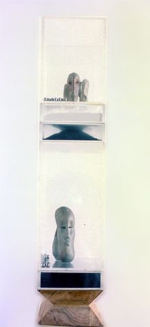 Medium: 'Plastic Boxes, Colour Pigment, Ceramic Heads, Steel Balls, Wooden Stand', Size: '90 x 45 x 20 cm', 'Installation'